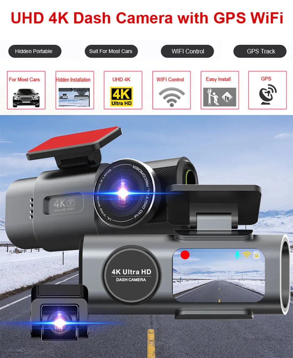 Dash Cam 4K UHD Recording Car Camera DVR Night Vision Video Recorder Built-In Wi-Fi Support Dual Lens GPS 24H Parking