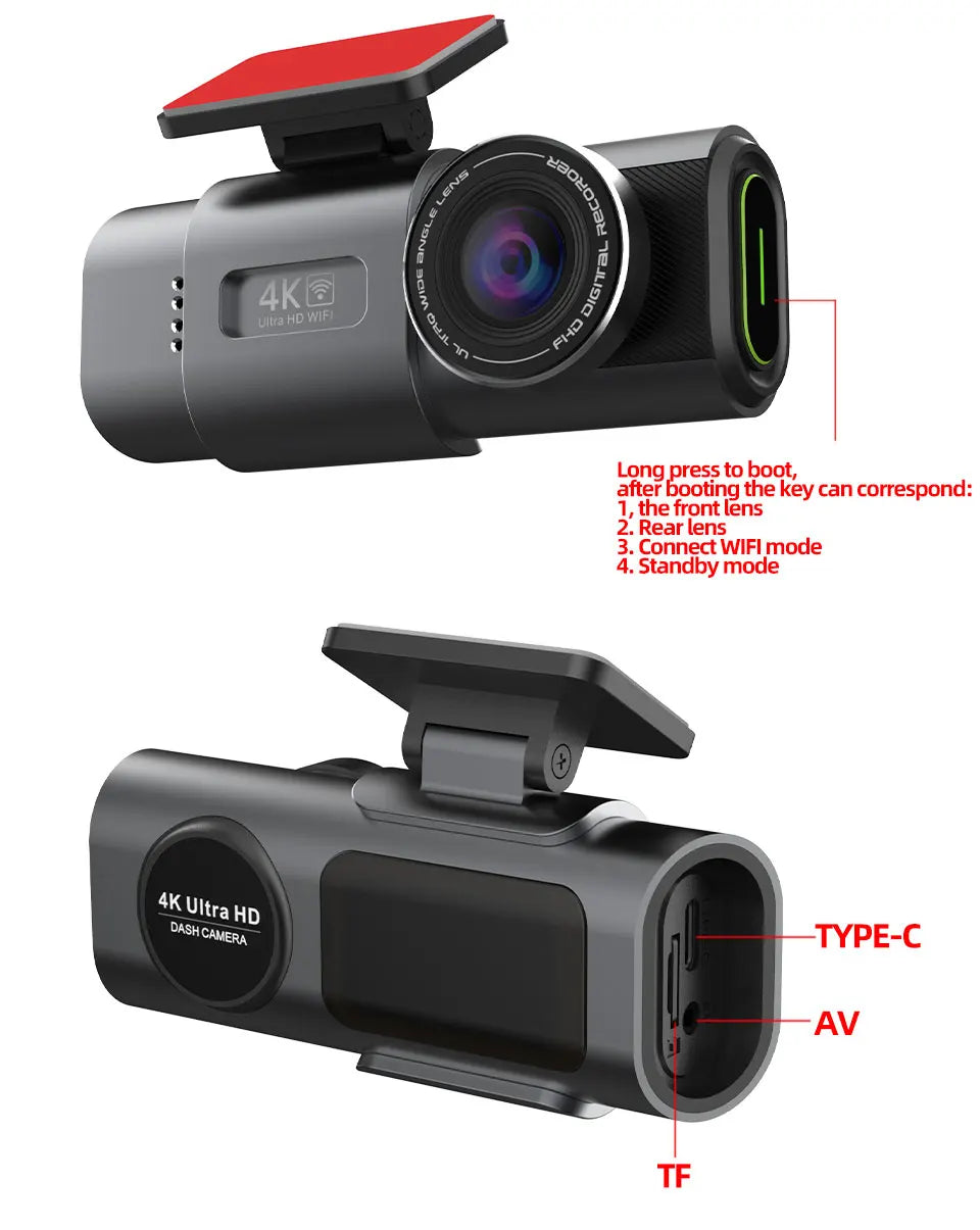 Dash Cam 4K UHD Recording Car Camera DVR Night Vision Video Recorder Built-In Wi-Fi Support Dual Lens GPS 24H Parking