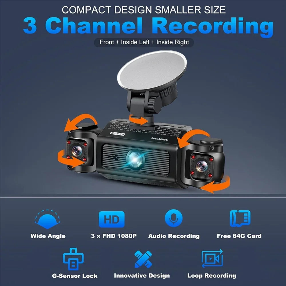 Dash Cam W/ IR Night Vision Loop Recording 3" IPS Screen 360° Rotatable 1080P 4 Camera Front/Rear/Left/Right Cars Driving DVR