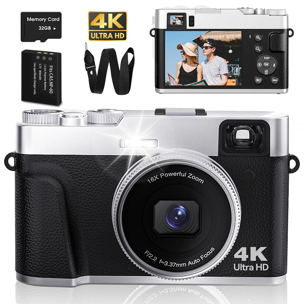 4K Digital Camera with Viewfinder Flash & Dial, 48MP Digital Camera for Photography and Video Autofocus Anti-Shake, 32G SD Card