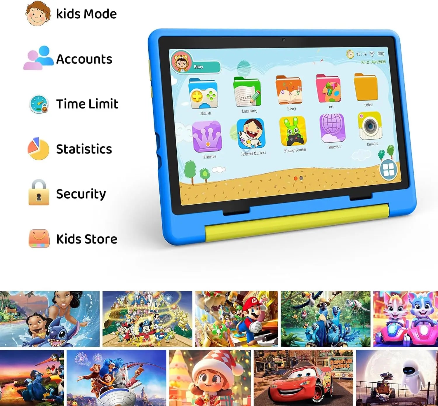 Kid Tablet 10 Inch Android 14 Quad Core 8GB RAM 64GB ROM 128GB Expandable 5000mAh WiFi Bluetooth Children's Gift Kids Software