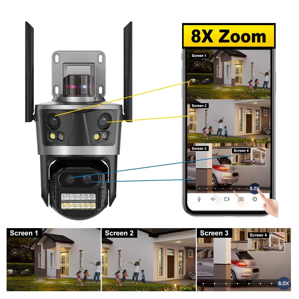 ICsee Security Camera 8K 16MP Four Lens 8X Zoom Outdoor WiFi Wireless CCTV Video Surveillance Auto Tracking Home Protection