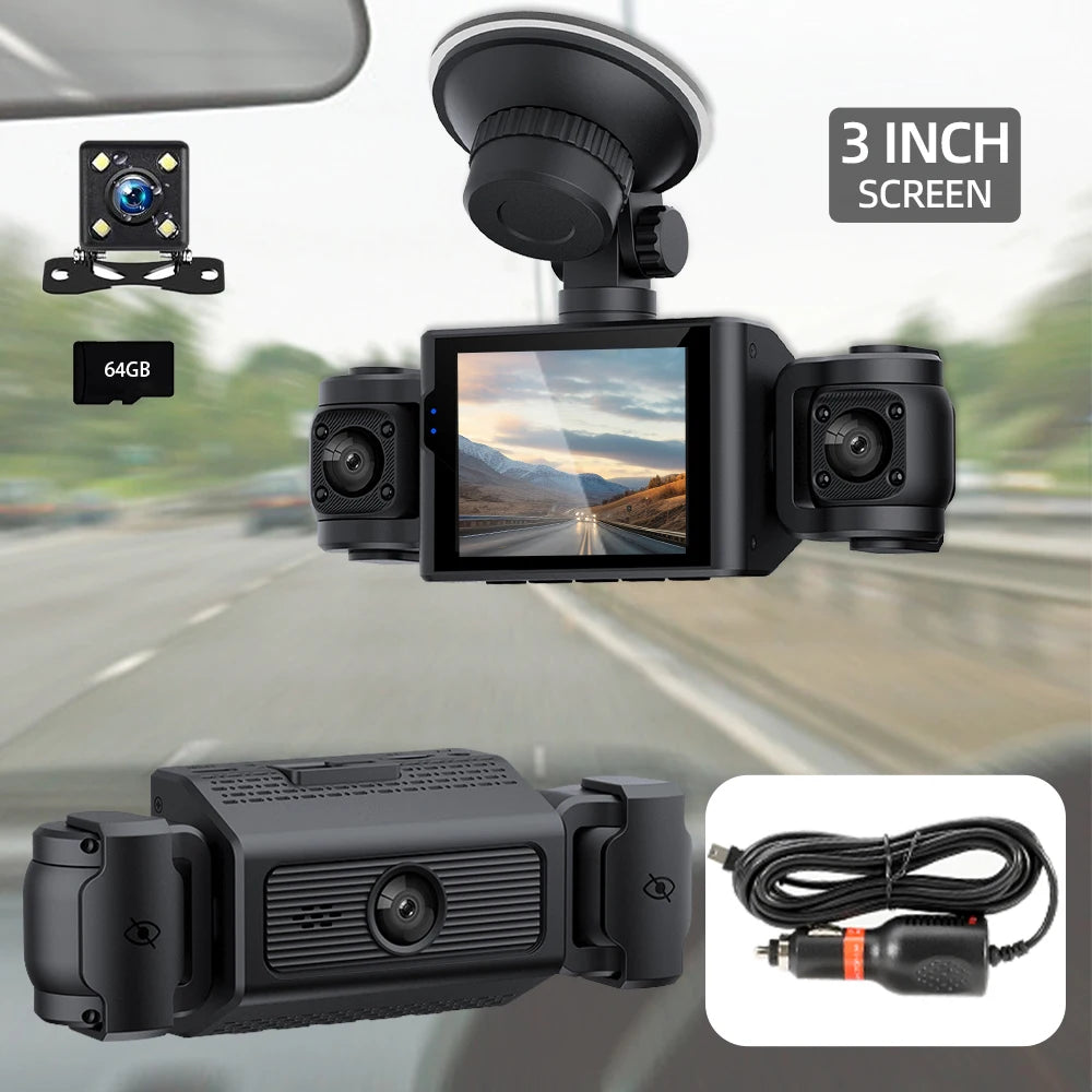Dash Cam W/ IR Night Vision Loop Recording 3" IPS Screen 360° Rotatable 1080P 4 Camera Front/Rear/Left/Right Cars Driving DVR