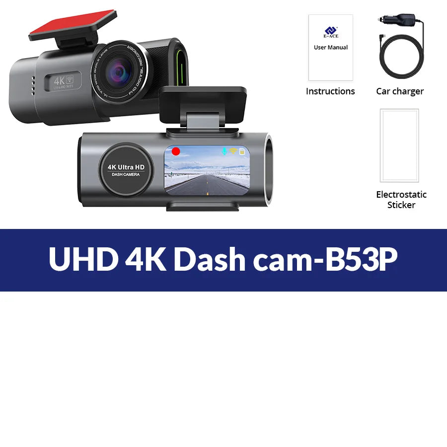 Dash Cam 4K UHD Recording Car Camera DVR Night Vision Video Recorder Built-In Wi-Fi Support Dual Lens GPS 24H Parking