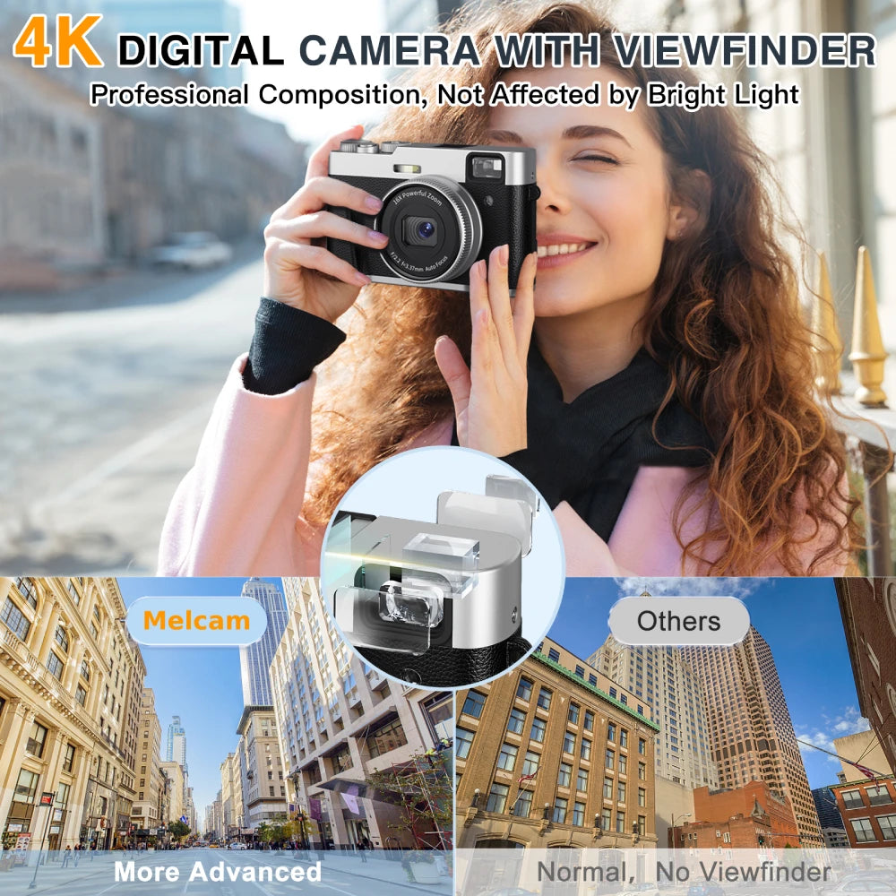 4K Digital Camera with Viewfinder Flash & Dial, 48MP Digital Camera for Photography and Video Autofocus Anti-Shake, 32G SD Card