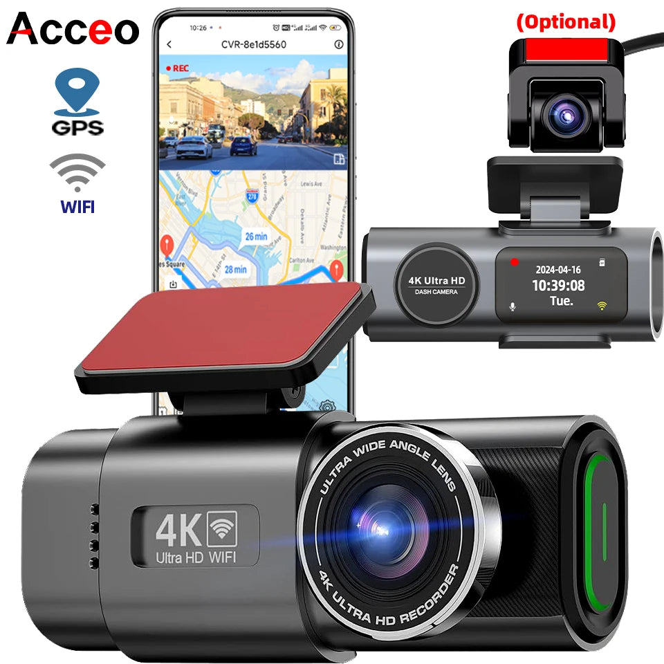 Dash Cam 4K UHD Recording Car Camera DVR Night Vision Video Recorder Built-In Wi-Fi Support Dual Lens GPS 24H Parking