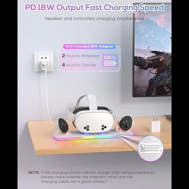 Charging Dock for Meta Quest 3S, Kinwin PD 18W Fast Charging Station for Oculus Quest 3S Accessories with RGB Light, Magnetic Ch